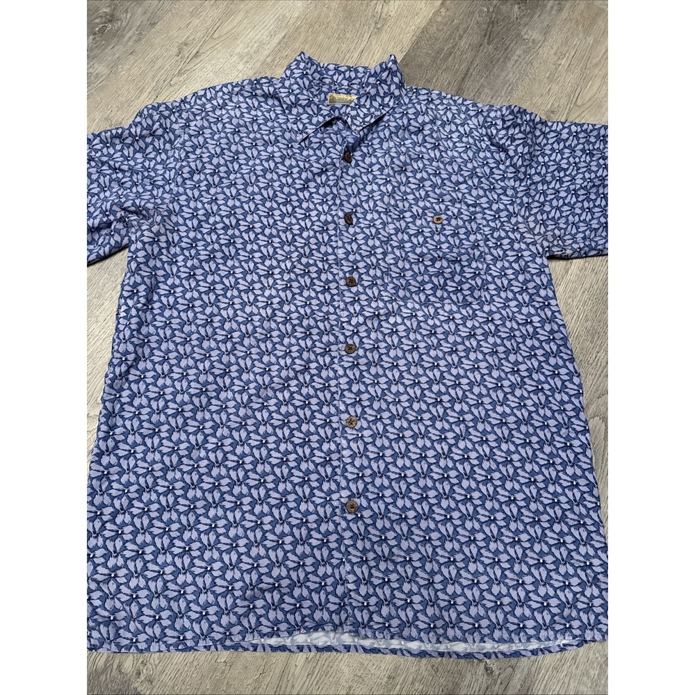 Bobby Chan 100% Silk Shirt Men's Size L Blue Geometric Short‎ Sleeve Hawaiian